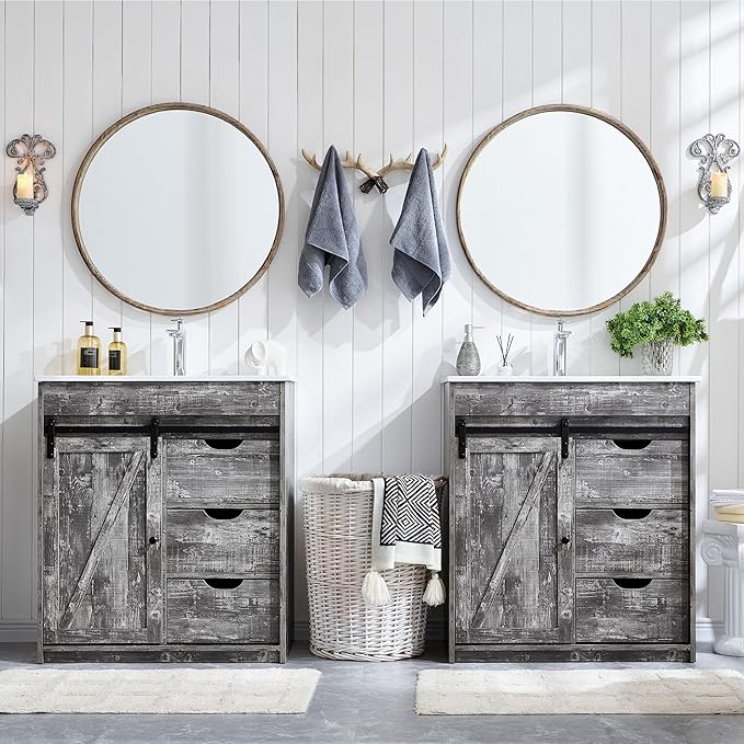 30" Farmhouse Bathroom Vanity with Sink, Freestanding Bathroom Storage Vanity Cabinet w/Sliding Barn Door & 3 Drawers, Adjustable Shelves, Light Grey