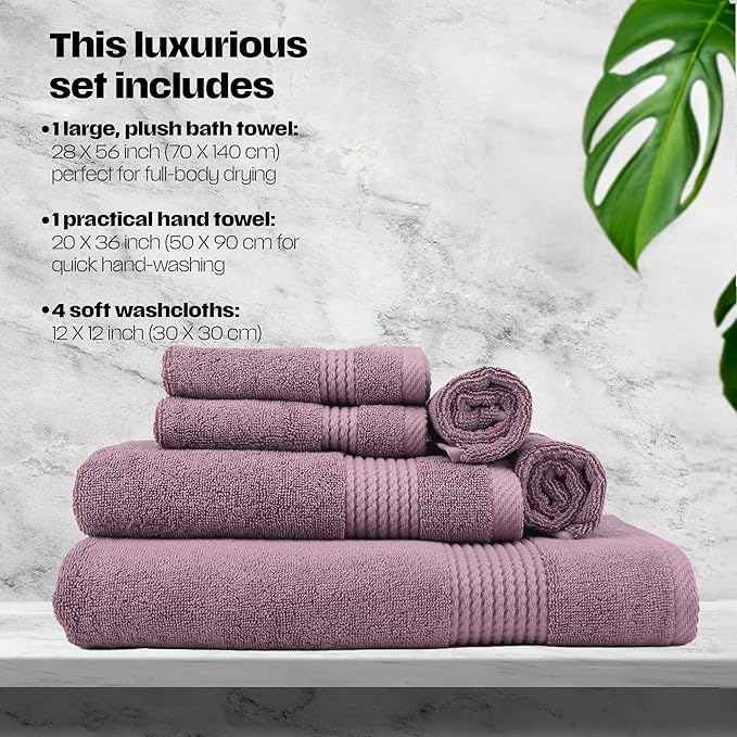 EastNBlue Lara Premium Bath Towel Set 6 Piece - Soft & Highly Absorbent Bathroom Towel Set, 100% Luxury Turkish Cotton, Flannel Bath Towels, 1 Bath Towel, 1 Hand Towel, 4 Washcloths - Damson