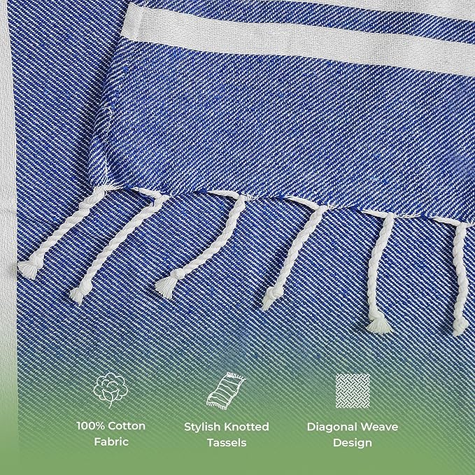 Turkish Cotton Beach Towel Pack of 6 & 1 Boho Tote Bag - Hammam Towels - No Shrink - Quick Dry - Lightweight - Sand Free - Camping - Pool - Tanning - Beach Essentials - Dark Blue (40"x70")