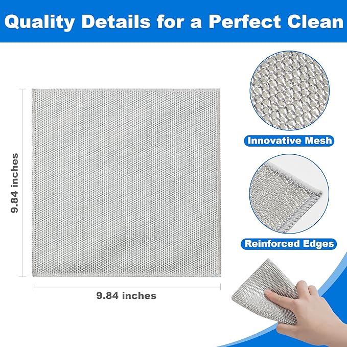 JOYMOOP Multipurpose Non-Scratch Wire Dishwashing Rag for Wet and Dry, Reusable Cleaning Cloths, Scrubbing Pads for Dishes, Glass, Stainless Steel - 5 Pack