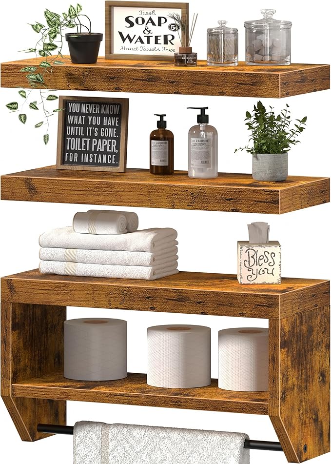 QEEIG Bathroom Floating Shelves for Wall - Shelf Over Toilet Paper Storage Farmhouse 16 inch Set of 3, Rustic Brown (028-40BN3)