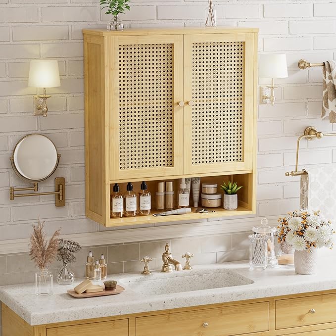 Bathroom Wall Cabinet, Bamboo Over-The-Toilet Storage Organizer with 2 Rattan Doors and Adjustable Shelf, Space Saver Medicine Cabinet for Laundry, Kitchen, Living Room (Natural)