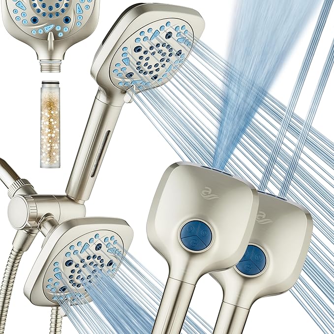 6-way High Pressure 82 Spray Mode Filtered Showerhead Combo - Handheld Shower Head Filters Chlorine to Heal Dry Skin, Revive Hair - Dual Power Wash Cleans Tub, Tile, Pets - Hard Water Softener, Nickel