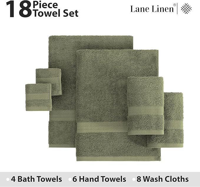 LANE LINEN 100% Cotton Luxury Towel Set for Bathroom - 18 Pieces, Ring Spun - Plush, Soft & Highly Absorbent - 4 Shower Towels, 8 Washcloths, 6 Hand Towels - Complete Bathroom Towel Set - Oil Green