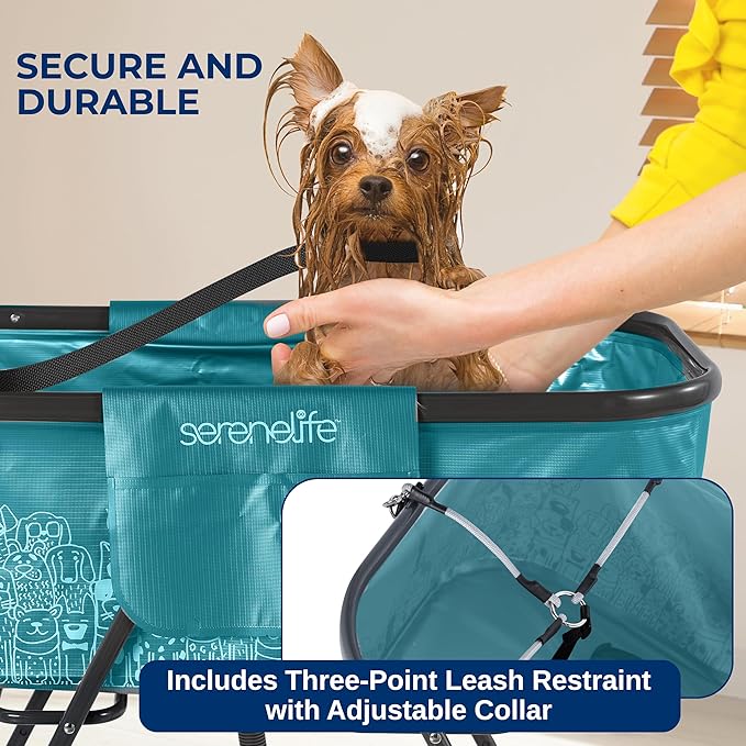SereneLife Foldable Dog Bath Tub with Adjustable Height, 360° Access, Drain Hose & Storage Pockets – 130 lb Capacity Grooming Station for Indoor/Outdoor Use, Blue