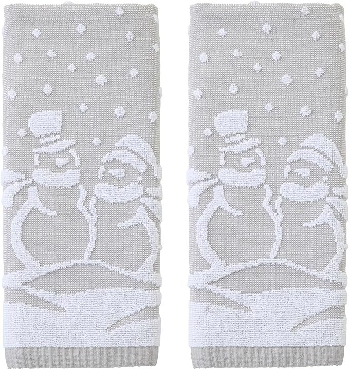 SKL Home Christmas/Winter Scenic Snowmen 100% Cotton Premium 2-Piece Hand Towel Set, 500 GSM, Reversible Jacquard, Soft & Absorbent, Decorative for Bath/Kitchen/Bar, Gray