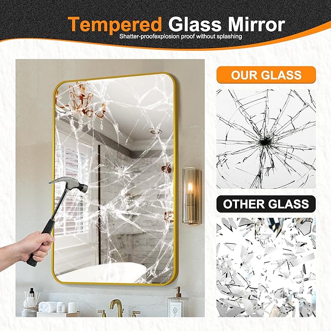 Delma Bathroom Mirror, Sleek Wall Mirror for Over Sink, Tempered Glass, Anti-Rust, Hangs Horizontally or Vertically for Bathrooms, Bedrooms & Entryways(40x28, Gold)