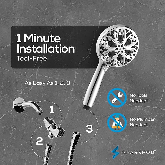 SparkPod 10-Mode Handheld Shower Head with Hose - 5" High Pressure Shower Head with Handheld Touch-to-Clean Nozzles, Built-In Power Jet, Stainless Steel 6ft Hose & Bracket (Polished Chrome)