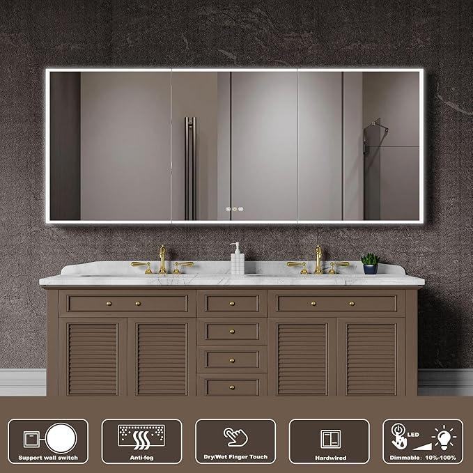 LED Medicine Cabinet Mirror, 60”W x 36”H Bathroom Medicine Cabinets with Defogger, Dimmer, Outlets & USB, Wall Mounted