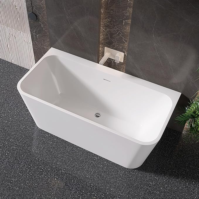 59" Acrylic Back-to-Wall Bathtub,Freestanding Bathtubs, Stand Alone Tub, Soaking Tubs for Bathroom, Integrated Overflow and Drain, cUPC Certified, Gloss White
