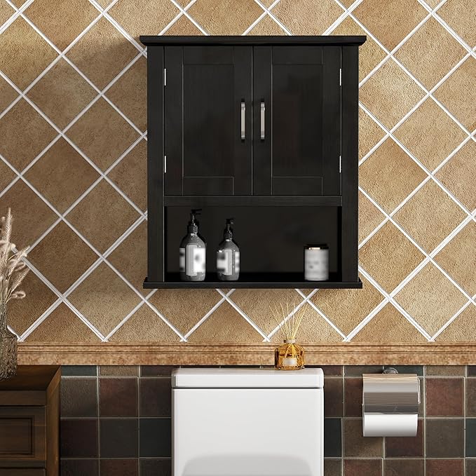 ChooChoo Wood Wall Cabinet with Doors, Medicine Cabinet with Adjustable Shelves Over The Toilet, Hanging Cabinet Wall Mounted for Bathroom, Kitchen, Living Room, Black