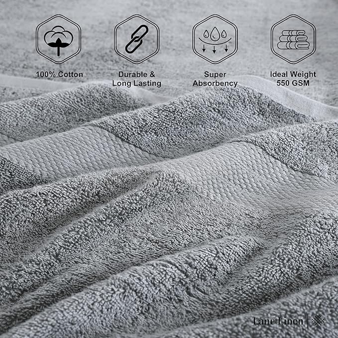 Lane Linen 100% Mercerized Cotton Luxury Bathroom Towels Set - 6 Pieces - Ring Spun Technology - 2 Bath, 2 Washcloths, 2 Hand Towels - Suitable for All Skin Types including Sensitive Skin - Space Grey