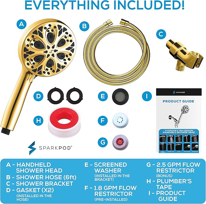 SparkPod 10-Mode Handheld Shower Head with Hose - 5" High Pressure Shower Head Set with Touch-to-Clean Nozzles, Built-In Power Jet, Stainless Steel 6ft Hose & Bracket (Egyptian Gold)