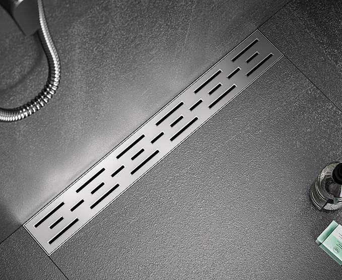 HEATGENE 24-Inch Linear Shower Drain in Brushed - Stainless Steel Rectangular Shower Floor Drain - Removable Decorative Cover - Adjustable Leveling Feet - CUPC Certified