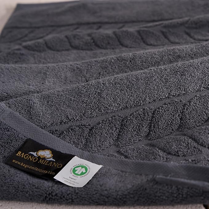 BAGNO MILANO Organic Turkish Cotton Bath Towels, Luxury Jacquard Collection, Certified Organic Highly Absorbent, Soft-Plush Towel Set (Charcoal, Bathsheet)