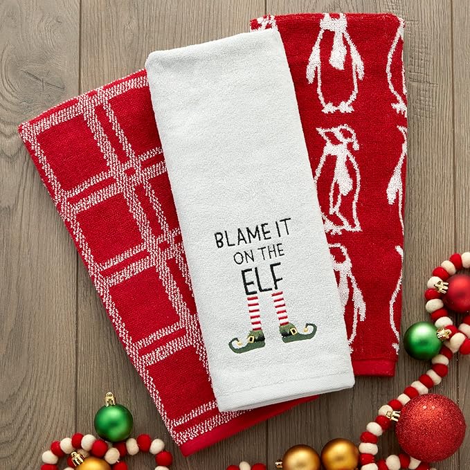 SKL Home Christmas/Winter Blame It On The Elf Hand Towel 2pc Set for Bath/Kitchen & Gift, Gray