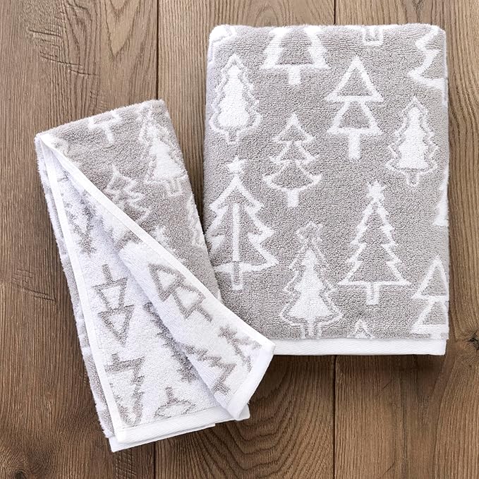 SKL Home Christmas/Winter Mod Tree 100% Cotton Premium Bath Towel, 500 GSM, Soft & Absorbent, Reversible Jacquard, Decorative, Gray