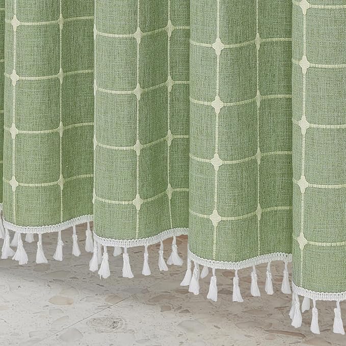 MitoVilla Long Shower Curtain Set 72 x 78, Boho Farmhouse 78 inch Long Polyester Linen Tassel Ultra Thick Heavy Duty Fabric Shower Curtains for Cottagecore French Rustic Bathroom Decor, Sage Green