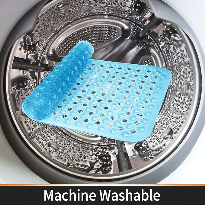 Yimobra Non Slip Bath Mat, Super Strong Suction Cups,34.5"x15.5"Long Tub Mat with Drain Holes, Machine Washable Fast Draining Shower Mats, Bathroom Essentials,Clear Blue