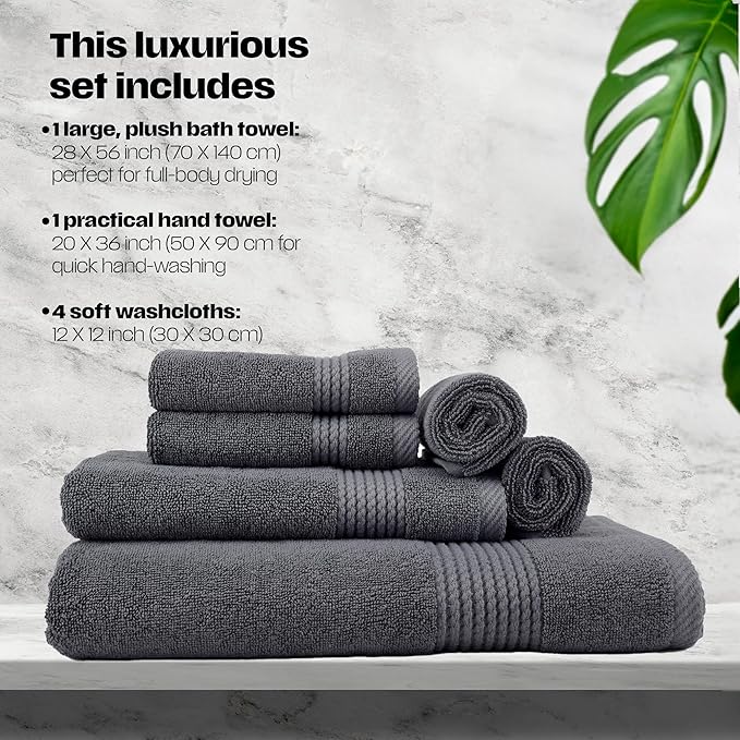 East'N Blue Lara Premium Bath Towel Set 6 Piece - Soft & Highly Absorbent Bathroom Towel Set, 100% Luxury Turkish Cotton, Flannel Bath Towels, 1 Bath Towel, 1 Hand Towel, 4 Washcloths - Dark Gray