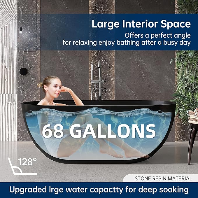 59'' Resin Stone Freestanding Bathtub, Matte Black Soaking Tub Solid Surface Modern Tubs with Overflow and Pop-up Drain in