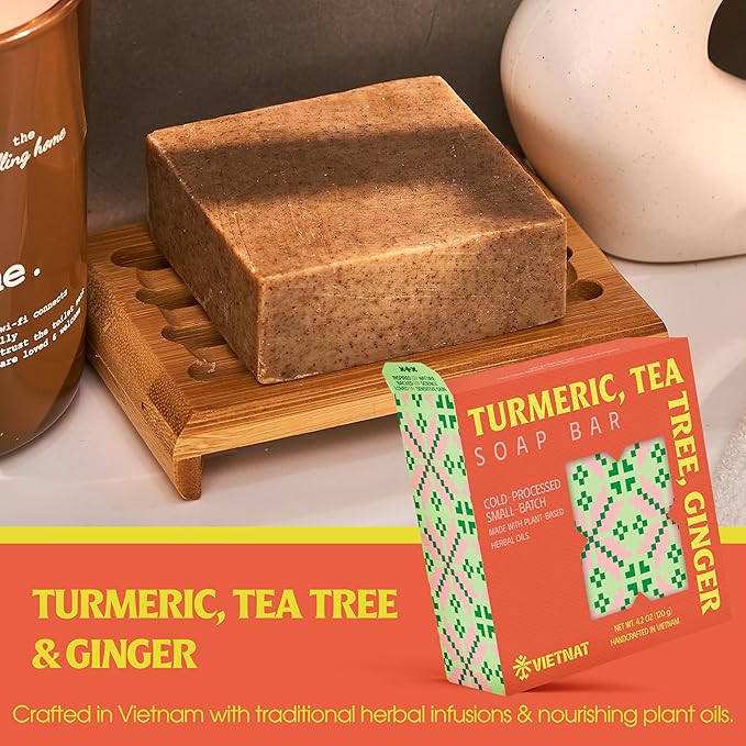 Turmeric, Tea Tree & Ginger Luxurious Natural Soap Bar (4.2 oz) | Gentle Exfoliation & Refreshing Lather | Cold-Processed, Handmade in Vietnam (Pack of 1)