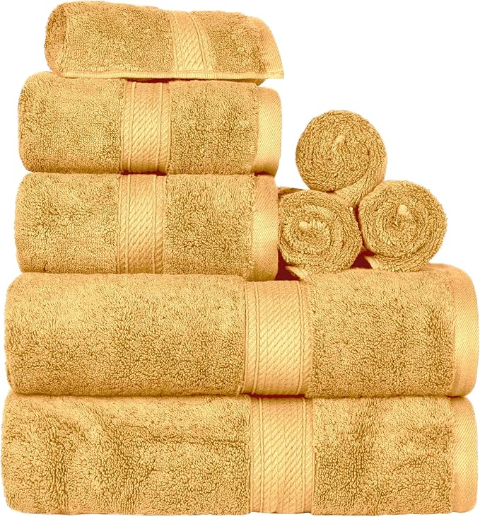 BLUENILEMILLS Madison Egyptian Cotton Towels, Towel Set for Bathroom, Shower, Hotel, Plush, 800 GSM, Highly Absorbent and Ultra-Soft Towels, Bath Essentials, 8 Piece Assorted Towel Set, Gold