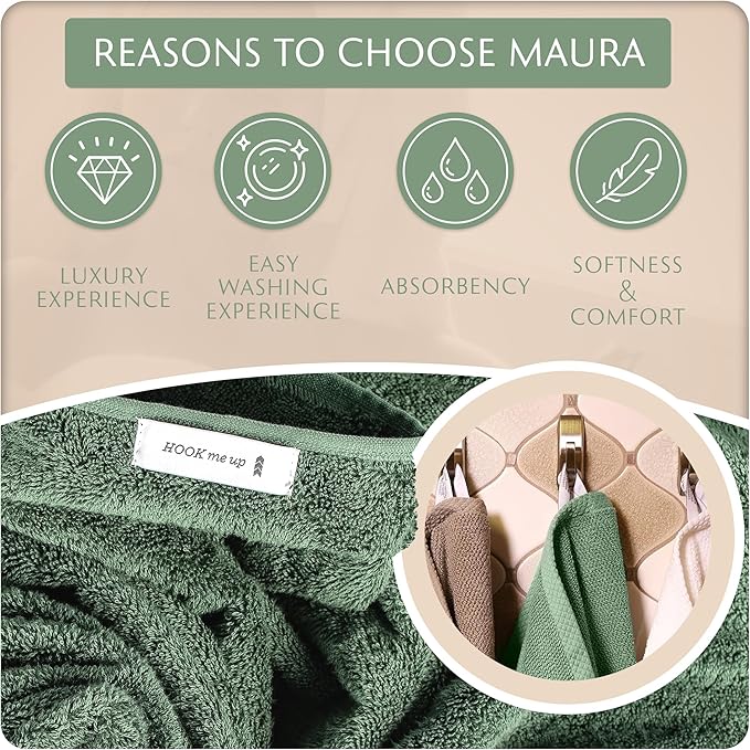 MAURA Basics Performance Bath Towels 100% Turkish Cotton with Hook Loops. Extra Large Luxury Absorbent Plush Towel Sets for Bathroom, Daily Use American Standard Size 27”x54”, Sage Green
