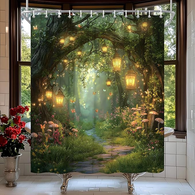 Fantasy Forest Path Shower Curtain Fairy Magical Enchanted Misty Jungle Mushroom Floral Tree Butterfly Lantern Wonderland Plant Bath Curtain Fabric Bathroom Accessories Decor with Hooks 60W x70L