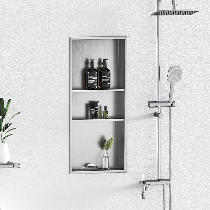 Neodrain 12X30 in Shower Niche, 3 Layers Brushed Wall Niche Stainless Steel Recessed Cubby NO Tile Needed Recessed Niche Shower for Bathroom Storage