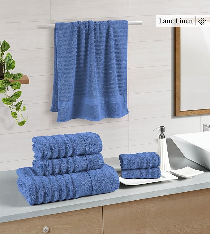 LANE LINEN Bath Towels Set - Luxury 100% Cotton Towels for Bathroom, Hotel & Spa - Zero Twist, Soft, Absorbent, Textured Bathroom Towel Set - Includes 2 Bath, 2 Hand & 2 Washcloths - Cerulean Blue