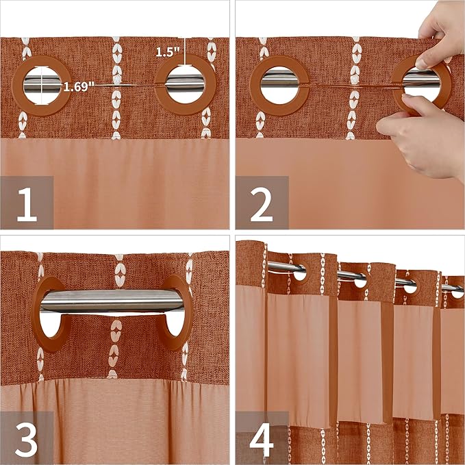 No Hook Long Shower Curtain Set with Snap-in Fabric Liner,Linen Textured Thick Striped Fabric with Tassels,Boho Farmhouse Rustic Luxury Bathroom Curtain,Water-Repellent,Orange,71x80