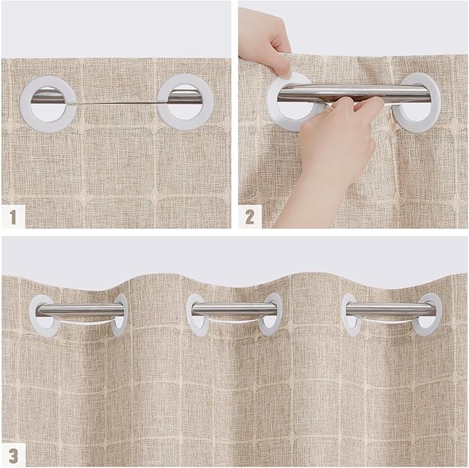 MitoVilla No Hooks Needed Boho Farmhouse Shower Curtain with Snap-in Liner, Cotton Linen Fabric Shower Curtains with Tassels for Rustic Neutral Bathroom Decor, Tan/Taupe, 72 x 74