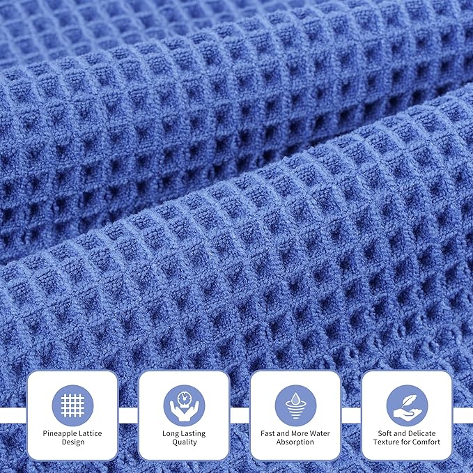 New Microfiber Waffle Bath Towels, 3 Pieces, Oversized, Soft, Absorbent, Fast Drying, Lint Free, Includes Bath, Face and Hand Towels (Dark Blue)