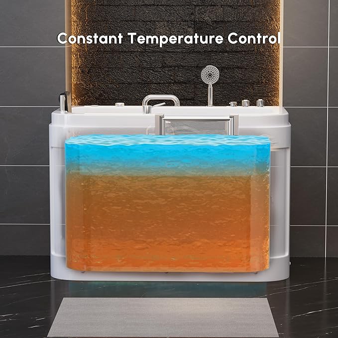 Homary Walk-In Bathtub for Seniors with Hydrotherapy Massage - Air Bubble Jets Bathtub, LED Chromatherapy Light, Thermostatic Faucet, Built-In Seat & Grab Bars, 3-Sided Apron Safety Tub for Elderly