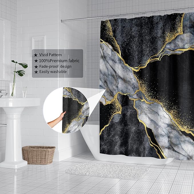 Domoku Black Gold Marble Shower Curtain, Modern Abstract Design, Waterproof Washable Fabric, 72 X 72