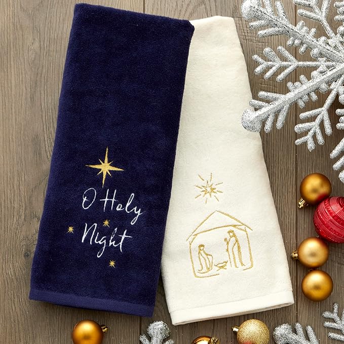 SKL Home Religious/Christmas/Winter Nativity Hand Towel 2pc Set for Bath/Kitchen & Gift, Natural