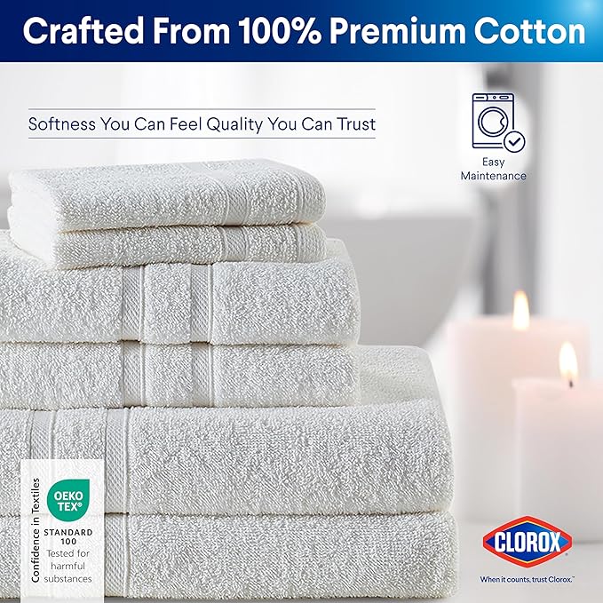 CLOROX Bleach Friendly Towels, Quick Dry, 100% Cotton Hand Towels (16" x 26"), Highly Absorbent Soft Lightweight, Ideal for Everyday Use, Easy to Wash (2 Pack, White)