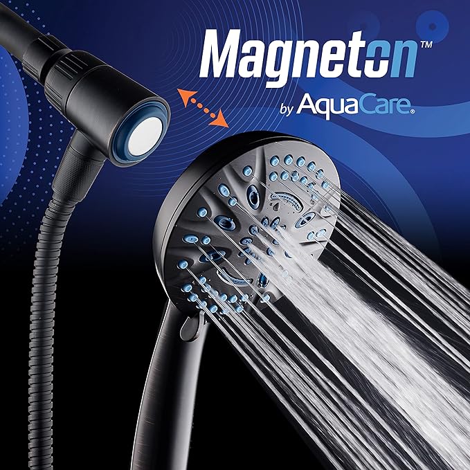 AquaCare Magneton High-Pressure 8-mode Handheld Shower Head with Magnetic Guidance Docking System - 2 Magnetic Brackets, 5 inch Face, Hygienic Jets, 6 ft. Stainless Steel Hose/ORB Finish