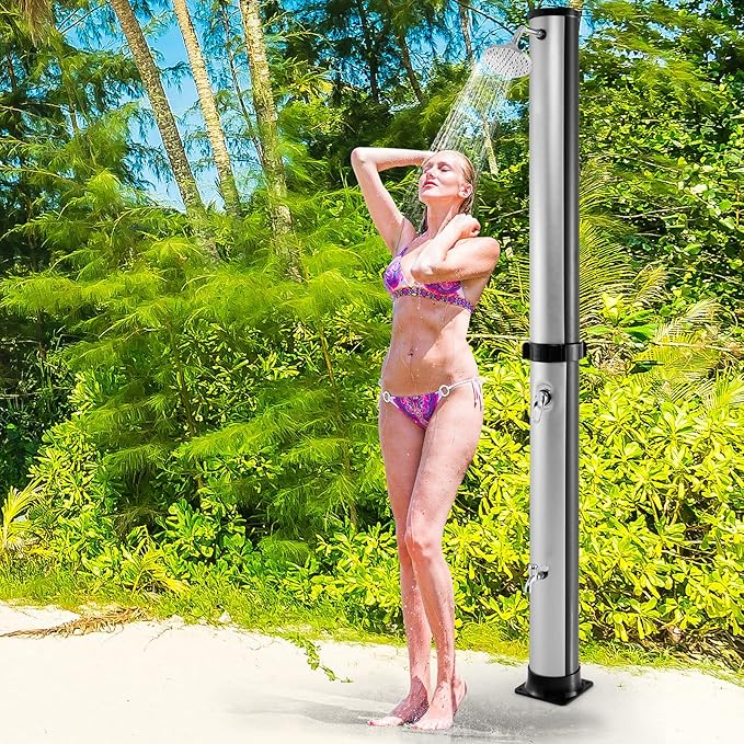Giantex 7.2 FT 10 Gallon 2-Section Solar-Heated Outdoor Shower, Pool Shower W/Free-Rotating Shower Head, Foot Tap Spigot, Faucet, Temperature and Pressure Adjustment for Backyard, Garden, Beach Spa