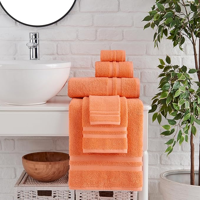 Premium 6 Piece Towel Set, 2 Bath Towel, 2 Hand Towels, 2 Washcloths, 100% Turkish Cotton Soft Absorbent Towels (Orange, 6 Piece Towel Set)