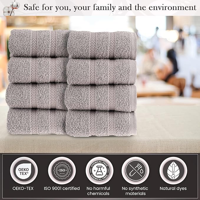 HALLEY Turkish 8 Pack Premium Washcloths (8 Pieces) 650 GSM Highly Absorbent Super Soft 100% Cotton - 8 Washcloths (Gray)
