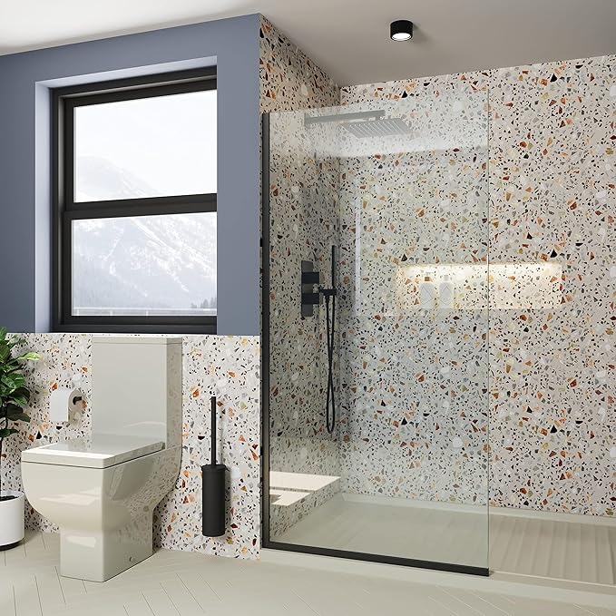 Royalty Fixed Shower Screen - 30" x 60" Frameless 3/8" Clear Tempered Glass Panel with Hardware - Easy Clean Smart Guard Coating - Minimalist Modern Design for Bathroom - Matte Black