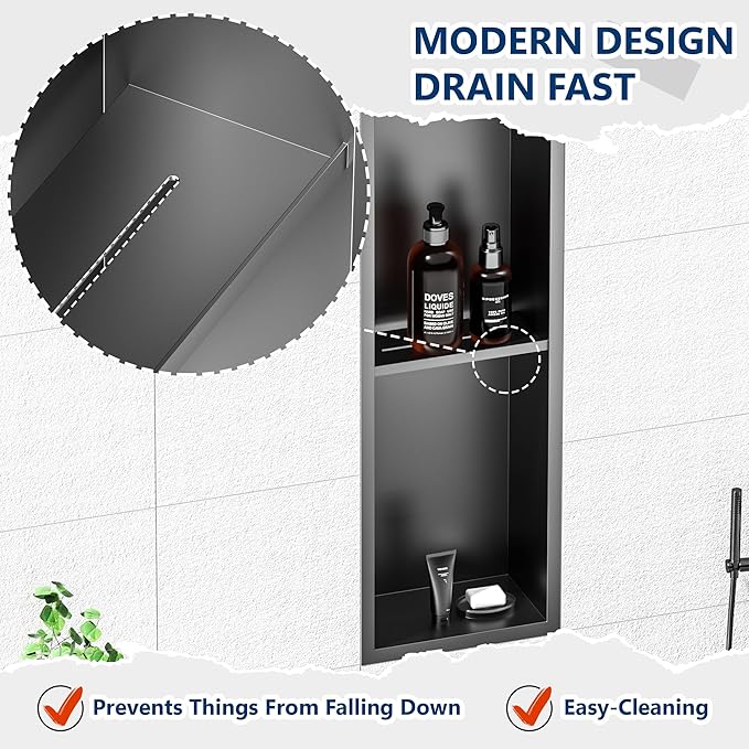Stainless Steel Shower Niche 24" X 8", No Tile Needed Wall Niche Double Shelves, Recessed Shower Shelf for Bathroom Storage, Gun Metal