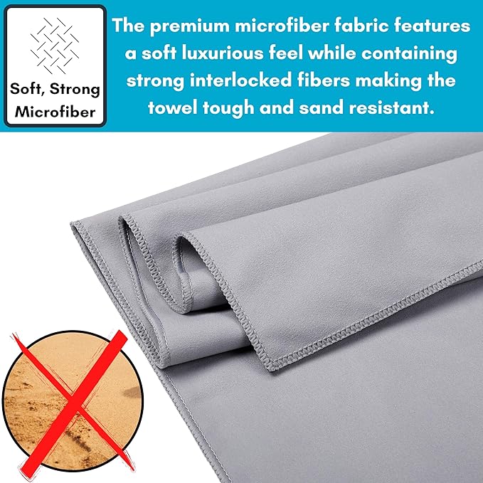 BIRDROCK HOME Multi-Purpose Microfiber Towel for The Beach, Travel, Pets or Camping - Large 31 x 63” - Grey - Quick-Dry - Absorbent Lightweight Compact - Bag - Kids Hiking Outdoor - Corner Pockets
