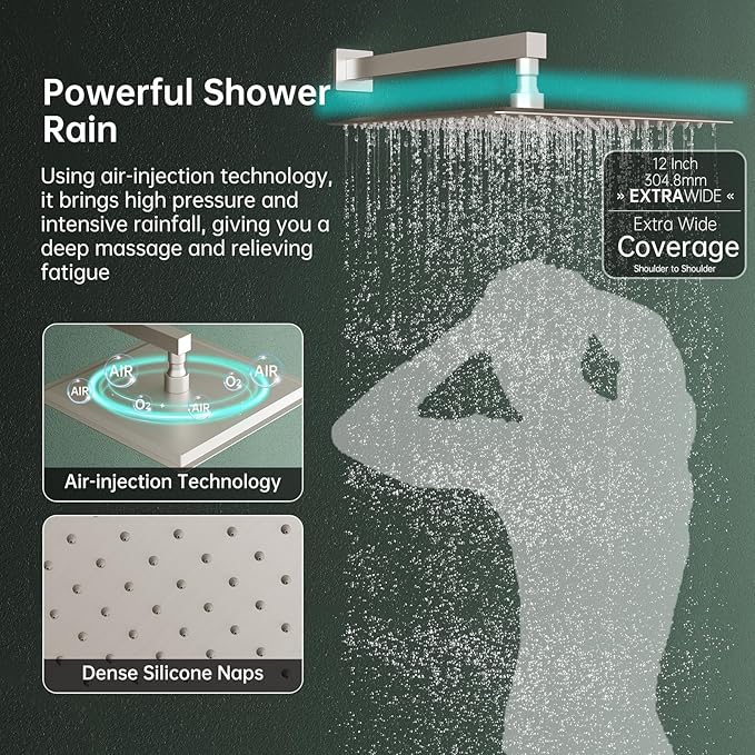 Hoimpro 12 Inch Shower System Set Bathroom Rain Shower Head Brass 2 In 1 Handheld Sprayer Wall Mounted, Rainfall Shower Faucet Spray Fixture Valve Kits Combo Showerhead, Brushed Nickel