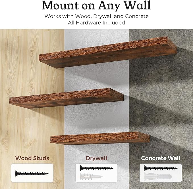 Floating Shelves for Wall, 9.3" Deep Wall Mounted Rustic Wood Shelves for Bathroom, Bedroom, Living Room, Kitchen, Hanging Shelf for Books/Storage/Room Decor (Brown, 30")