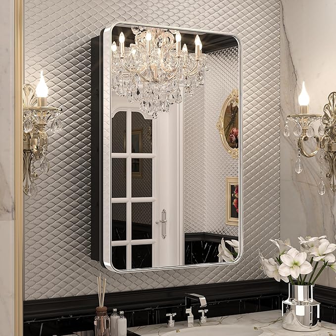Keonjinn 20 x 32 Inch Chrome Medicine Cabinets for Bathroom with Mirror Adjustable Shelves Stainless Steel Framed Rounded Rectangle Single Door Surface Wall Mounted Silver Bathroom Storage Cabinet
