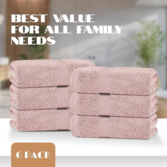White Classic Pink Hand Towels for Bathroom [6 Pack] Cotton Hand Towel Bulk for Gym, Kitchen and Spa, 16x27 Inches Soft Highly Absorbent Quick Dry Terry Salon Towels