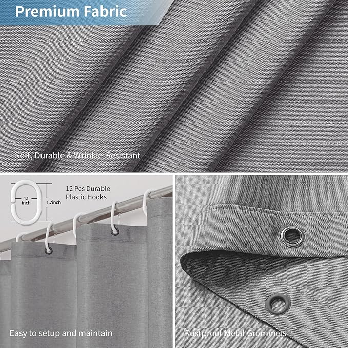 2-in-1 Waterproof Fabric Shower Curtain or Liner,Linen Textured,Breathable TPU & Washable Bathroom Shower Curtain Set with 12 Plastic Hooks,Modern,72"x72" Grey